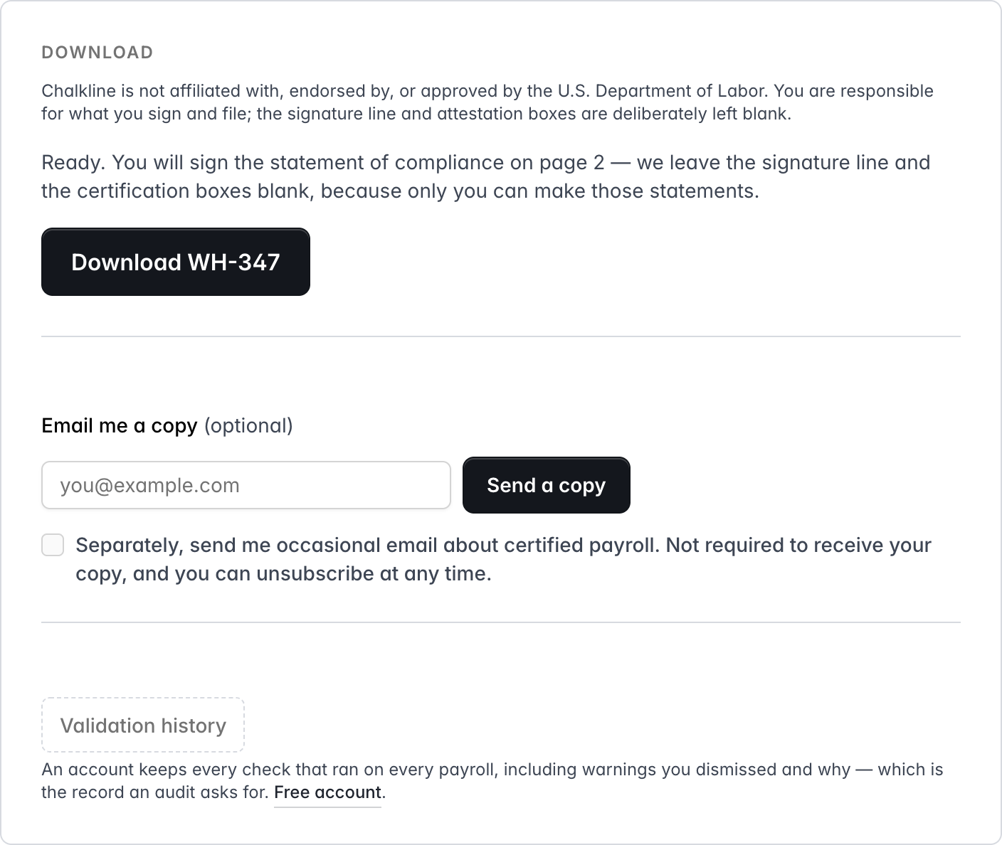 The download panel: a print-ready PDF, with the date the entries will be deleted and the option to keep them.