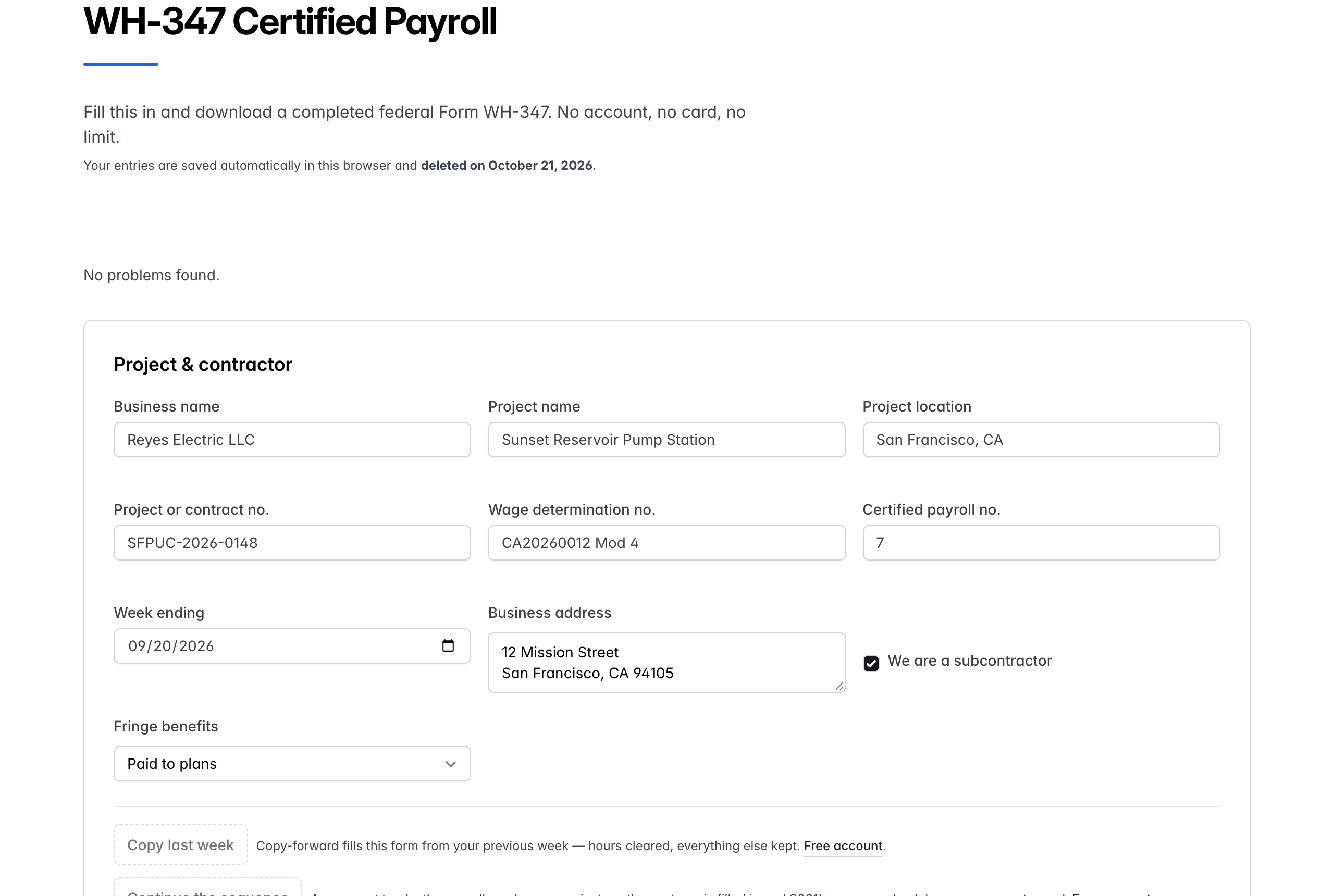 The WH-347 generator with a three-worker payroll entered: project, contractor and week ending at the top.