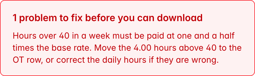A finding from the generator: hours over 40 in a week must be paid at one and a half times the base rate, with the fix described.