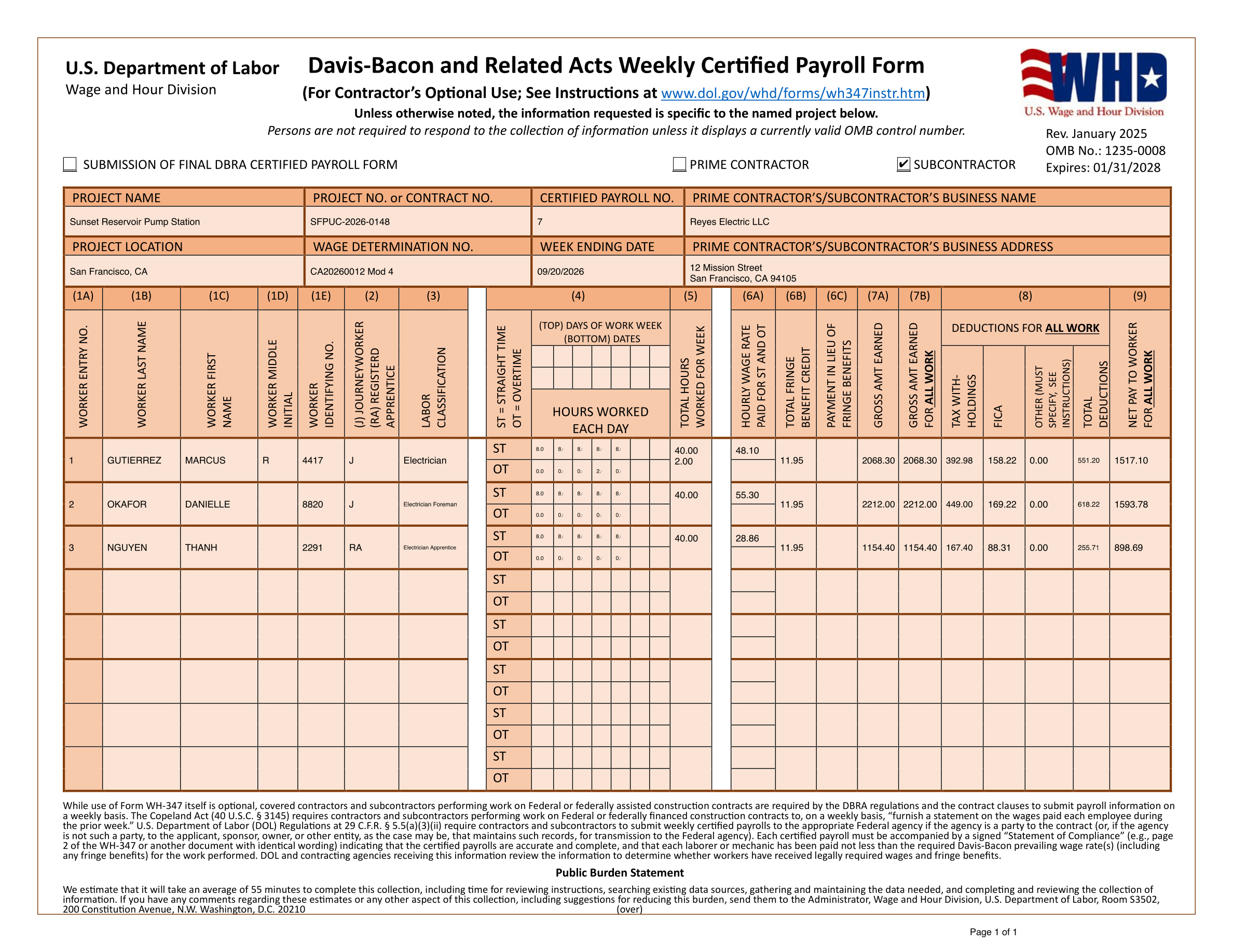 Page 1 of the completed Form WH-347 the generator produced, with the same three workers filled in.